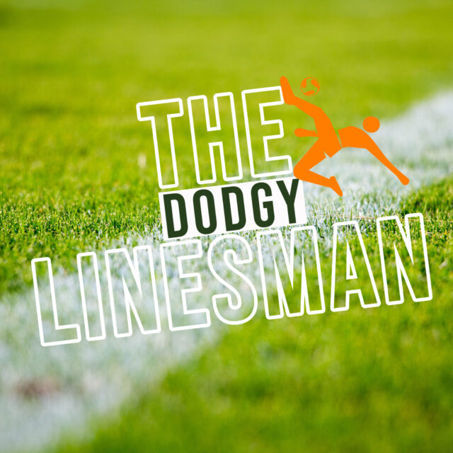 Logo of the Dodgy Linesman green pitch and football kick